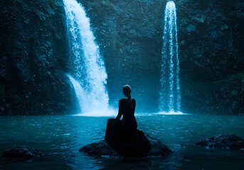 Obraz premium Serene Waterfall Retreat: Woman Meditating by Glowing Cascades