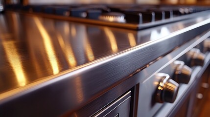 Sleek stainless steel kitchen countertop and stove.  Close-up view of the glossy surface reflecting light