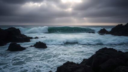 Fototapeta premium Stormy Ocean Waves Crashing on Rocks