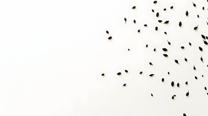 A minimalist composition of Nigella seeds scattered on a smooth white surface, emphasizing their simple yet distinct shapes.