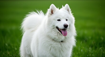 Fototapeta premium Snowy Delight: A Samoyed's Green Meadow Gaze AI Generated