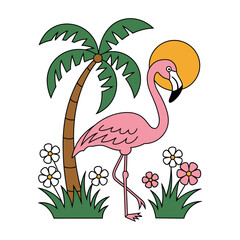 Tropical Flamingo with Palm Tree and Flowers Cartoon Illustration
