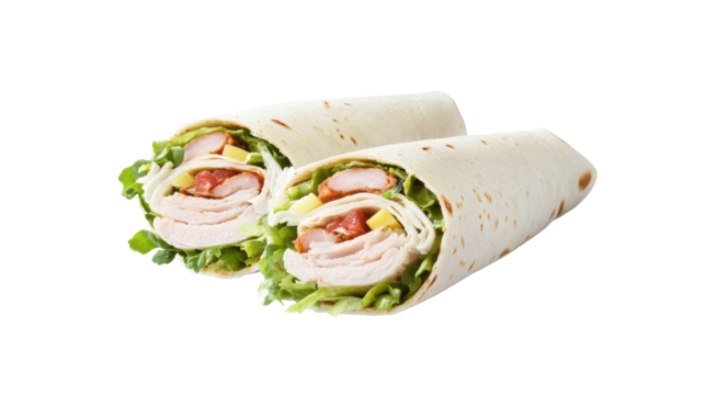Two Fresh Turkey Wraps Filled with Crisp Vegetables on a Transparent Background