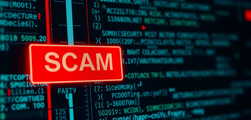 Obraz premium Cybercrime Alert Scam Warning on Digital Screen Displaying Code, Highlighting Internet Security Risks and Data Protection