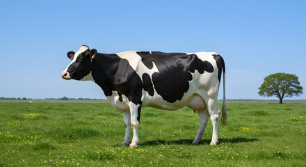 Cow Standing in a Green Pasture Under a Clear Blue Sky
