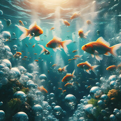 Goldfish swimming underwater in sunlit bubbles