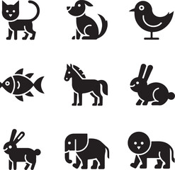 minimal animal silhouette icons, cat, dog, bird, fish, horse, rabbit, elephant, lion, solid black style, black and white color
