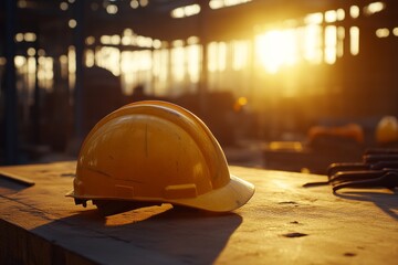 construction helmet on a wooden table