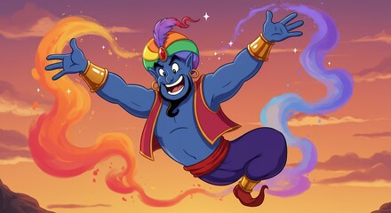 Cartoon genie flying with magic