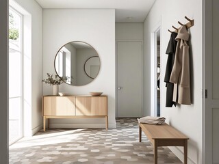 Modern entryway with light wood furniture, round mirror, and stylish coats