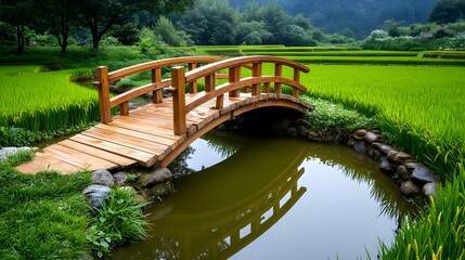 Fototapeta premium Serene Wooden Bridge over Rice Paddy - Nature & serenity