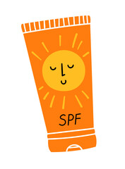 A sunscreen orange tube. Cute doodle design with smiling sun face. SPF - sun protection factor.. Vector flat cartoon illustration isolated.