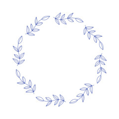 Mediterranean blue olive branches circle frame. Hand drawn round line border, leaves, wedding invitation and cards, logo design and posters template. Elegant minimal style floral