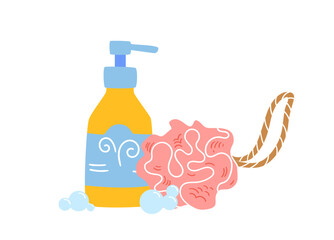 Bath accessories: sponge and shower gel with dispenser. Personal hygiene products. Cute cartoon hand drawn style.