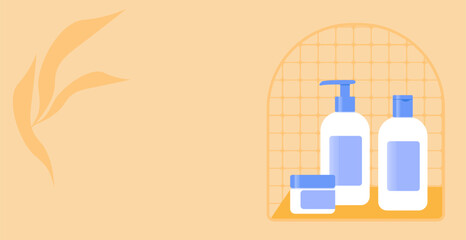 Personal hygiene products for shower or bath. Plastic bottles with cosmetics products: gel, shampoo, and cream in the bath shelf. Lite background.