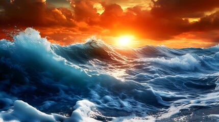 Fototapeta premium Dramatic Ocean Waves Sunset Seascape - Dramatic lighting