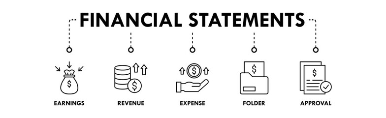 Financial Statements banner web icon illustration concept with icon of earnings, revenue, expense, folder, and approval
