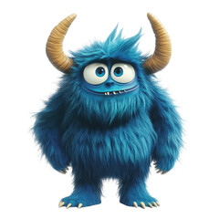 Naklejka premium Blue furry monster with horns stands against a plain background showing off its cute and quirky features, Blue Furry Monster with Horns Cartoon on white background