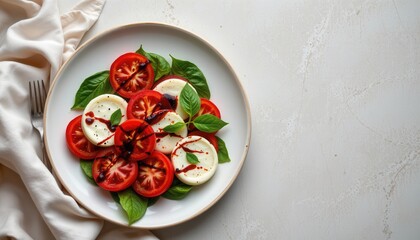 Minimalist top down photo of caprese salad with balsamic, placed on the right side over soft Italian plate background