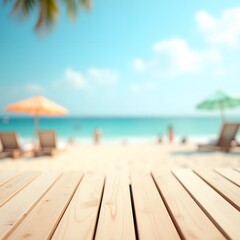 Fototapeta premium Summer Beach Table Mockup with Blurred Ocean and Vacation Background, Table mock up template over sea background