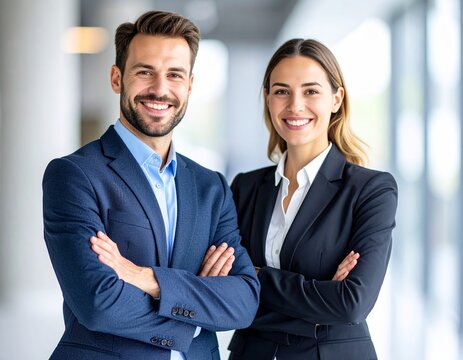 J&oacute;venes Ejecutivos con Brazos Cruzados Frente a la Empresa, Representando Colaboraci&oacute;n, Confianza y un Futuro Exitoso en el Mundo de los Negocios