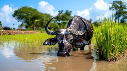 Fototapeta premium Stunning Buffalo in Rice Paddy Field - Authentic