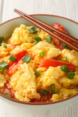 Chinese Tomato Egg Stir Fry with green onions closeup on the plate on the wooden table. Vertical