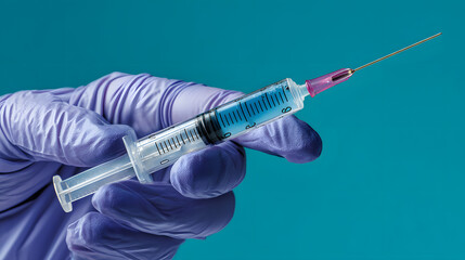 Medical Syringe with Blue Liquid, Gloved Hand