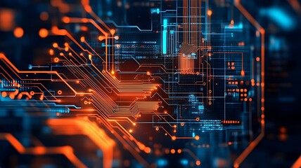 Close-Up of a Glowing Circuit Board , Beautiful wallpaper featuring a high-tech circuit with glowing paths, creating an abstract background and best-seller concept 
