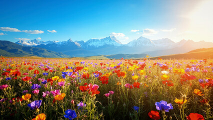 Fototapeta premium A vibrant field of colorful wildflowers stretches towards the distant snow-capped mountains under a bright, clear blue sky