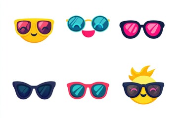 Colorful cartoon sunglasses designs with happy faces.