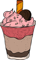 Milkshake in a plastic takeaway cup, topped with whipped cream. cartoon-style drawing.