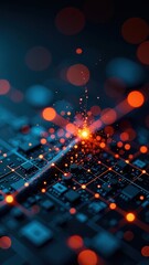 Fototapeta premium Close-up of glowing circuit board with abstract light patterns and bokeh effects.