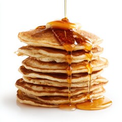 Stack of pancakes with syrup pouring on white background