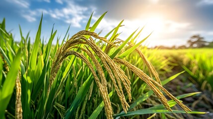 Naklejka premium Golden Rice Field Harvest Sunrise - Sustainable Agriculture