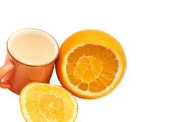 Juicy fresh oranges,cup on white.Ready to eat,drink,cook