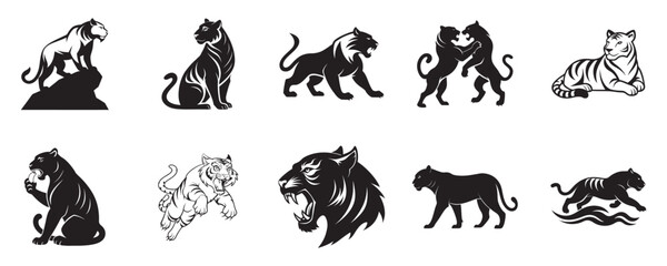 Tiger Activities Silhouette Vector Set Roaring, Hunting, Jumping, Swimming on White Background
