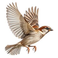 Obraz premium House Sparrow in Flight: High Resolution Bird Image on transparent background