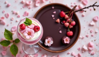 Minimalist top down photo of sakura parfait in glass, placed on the left side over soft cherry blossom background