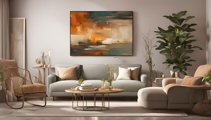 Soft-toned interior with abstract art, fluted side table and cozy sofa with ceramic decor