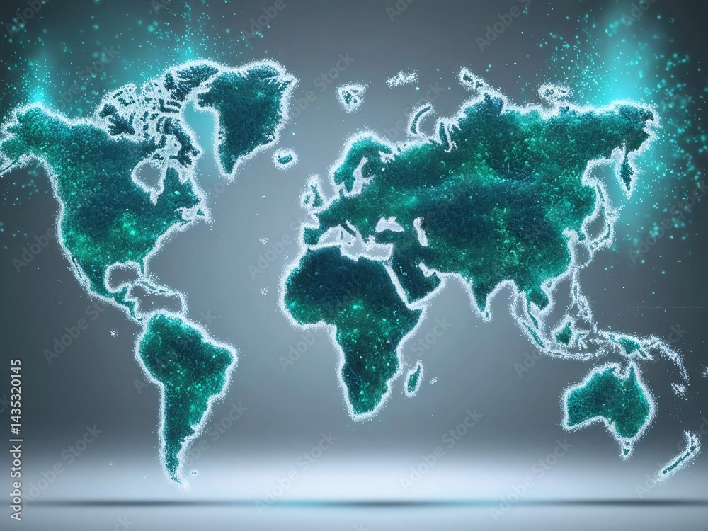 Poster digital world map with illuminated data points