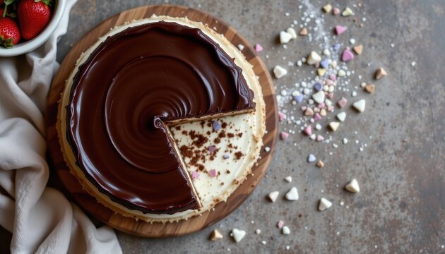 Minimalist top down photo of chocolate ganache cake, placed on the left side over soft dessert board