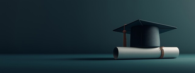 black graduation cap next to a diploma on a gray background