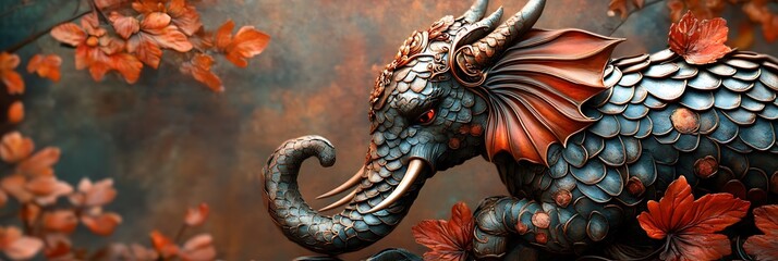 Fototapeta premium Fantasy dragon-elephant hybrid in an autumn setting. Illustration for digital art
