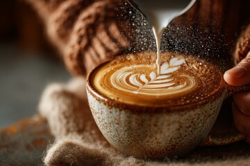 Close-up of milk being poured into a cup of coffee with beautiful latte foam art, on a soft sweater