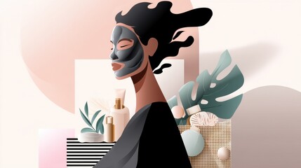 African female with facial mask in relaxing spa scene with botanical elements