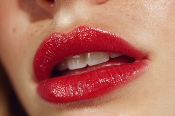 Naklejka premium Macro View of Lips with Vibrant Red Gloss, Teeth, and Delicate Skin Texture in an Extreme Close-up