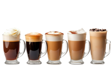 Discover coffee variety with glass mugs lined up featuring rich espresso latte and creamy cappuccino