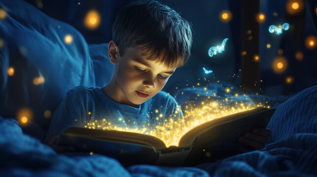 Child discovers magic while reading a glowing book in a cozy bedroom at night