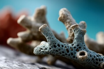 Obraz premium Close-up shot of weathered coral fragments displaying unique porous surface texture against a blurred marine background.
